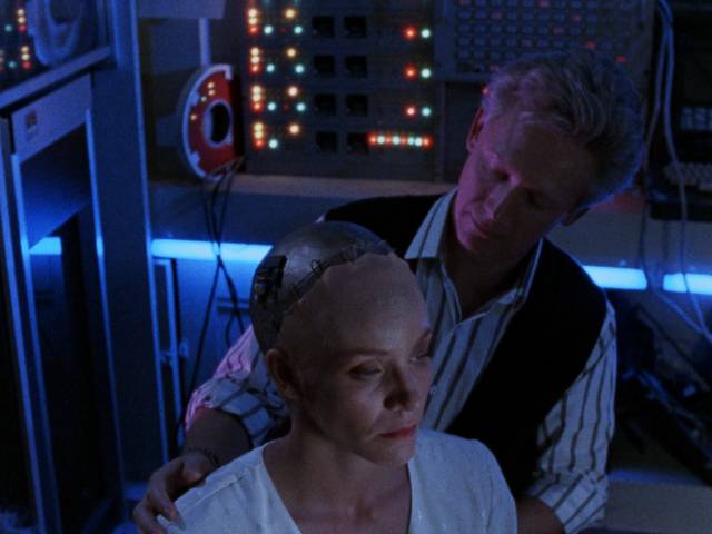 Scientist Albert Morton (Bruce Davison) builds a robot to avenge his dead sister in Ernest Farino's Steel and Lace (1991)