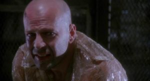James Cole (Bruce Willis) is a helpless pawn of forces he can't comprehend in Terry Gilliam's 12 Monkeys (1995)