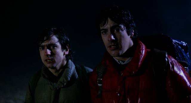 American tourists David (David Naughton) and Jack (Griffin Dunne) get lost on the moors in John Landis' An American Werewolf in London (1981)
