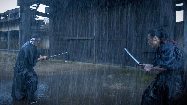 A sudden rainstorm provides a momentary respite from the tedium in Yuji Shimomura’s Crazy Samurai Musashi (2020)