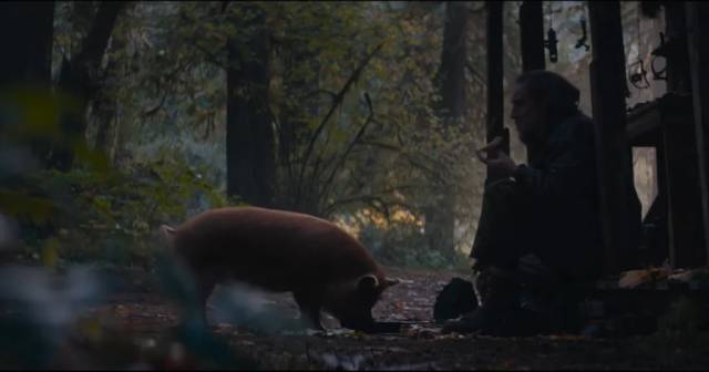 Rob (Nicolas Cage) lives quietly in the woods with his porcine companion in Michael Sarnoski's Pig (2020)
