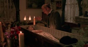 William Walker (Ed Harris) can't believe that Ellen Martin (Marlee Matlin) could betray him by dying in Alex Cox's Walker (1987)