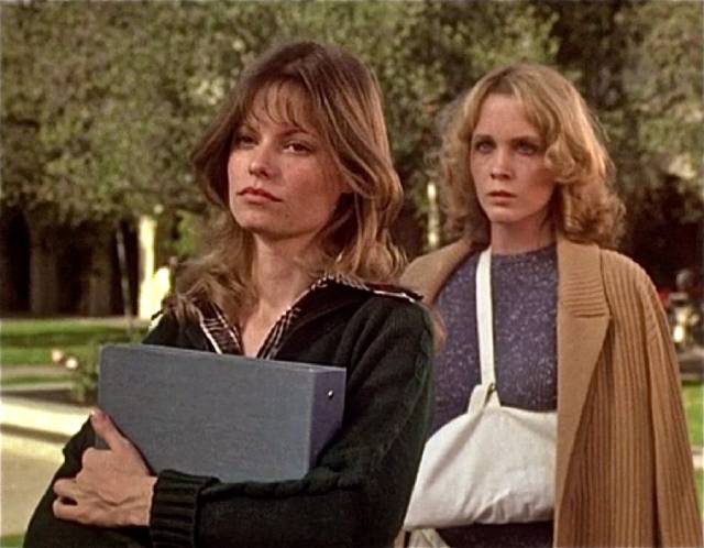 Sarah (Kay Lenz) becomes protective of new friend Mouse (Tisa Farrow) in Robert Day's The Initiation of Sarah (1977)