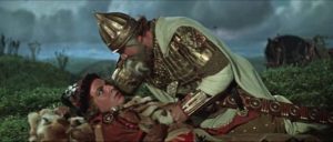 Ilya encounters his son Sokolnichek (Aleksandr Shvorin) for the first time on the battlefield in Aleksandr Ptushko's Ilya Muromets (1956)