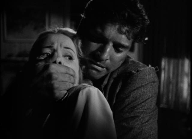 Fugitive Bill Saunders (Burt Lancaster) menaces nurse Jane Wharton (Joan Fontaine) in Norman Foster's Kiss the Blood Off My Hands (1948)