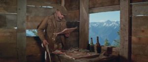 Logan (Donald Pleasence) finds his late father's derelict cabin in Gerald Potterton's The Rainbow Boys (1973)