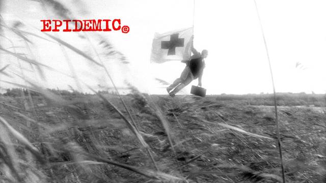Dr. Mesmer (Lars von Trier) is delivered to the plague zone by helicopter in Lars von Trier's Epidemic (1987)