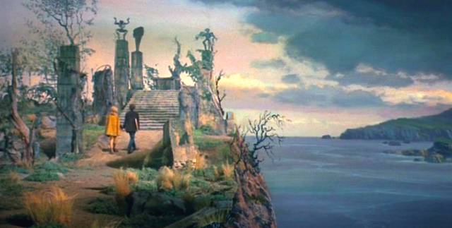 Wilbur (Dean Stockwell) leads Nancy (Sandra Dee) to the clifftop altar in Daniel Haller's The Dunwich Horror (1969)