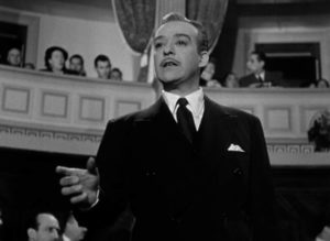 At the trial, Dr. Bernard (Roberto Escalada) demands the death penalty in Román Viñoly Barreto’s El vampiro negro (1953)
