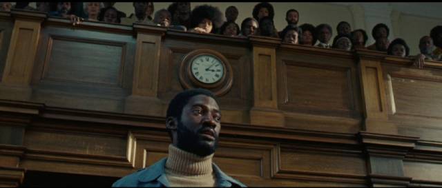 Darcus Howe (Malachi Kirby) indicts the entire British legal system during the trial in Steve McQueen's Mangrove (2020)