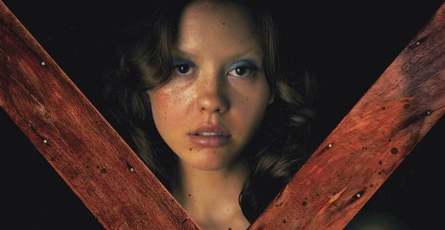 Mia Goth as a porn actress who encounters a rural killer in Ti West's X (2022)