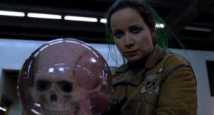 The Bowler (Janeane Garofalo) has issues with her father's skull in Kinka Usher's Mystery Men (1999)