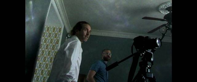 Levi Danube (Benson) and John Daniels (Moorhead) attempt to document the supernatural in Benson & Moorhead's Something in the Dirt (2022)
