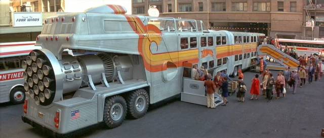 Passengers board atomic-powered ground transport in James Frawley's The Big Bus (1976)
