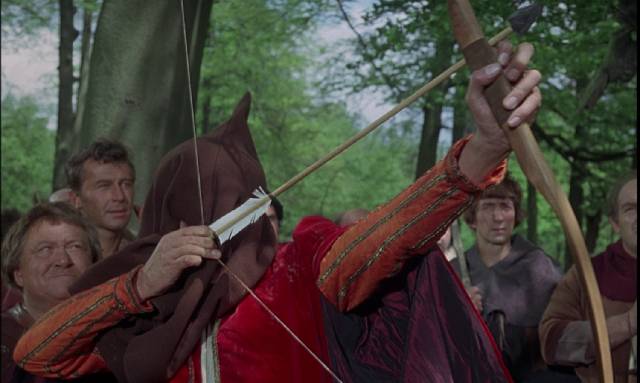 Robin (Barrie Ingham) earns his nickname by shooting blind in C.M. Pennington-Richards' A Challenge for Robin Hood (1967)