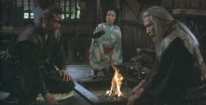 Jubei Yagyu (Sonny Chiba) seeks a special blade from a master swordmaker Masumura (Tetsurô Tanba) in Kenji Fukasaku's Samurai Reincarnation (1981)