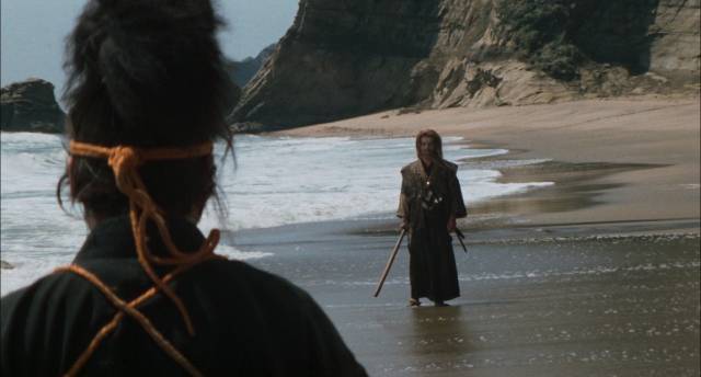 Jubei Yagyu (Sonny Chiba) faces legendary swordsman Musashi Miyamoto (Ken Ogata) in Kenji Fukasaku's Samurai Reincarnation (1981)