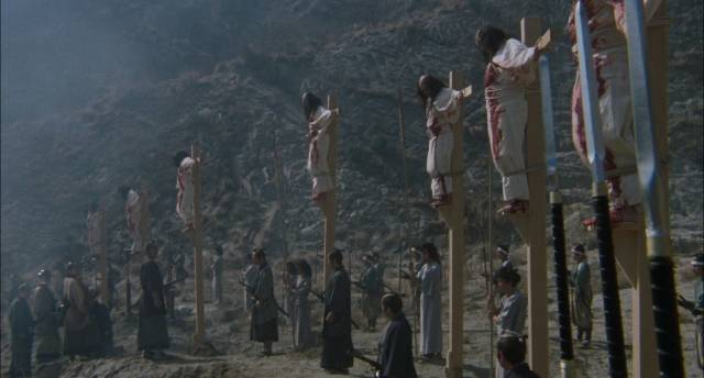The Shogun's forces crucify Christian rebels in Kenji Fukasaku's Samurai Reincarnation (1981)