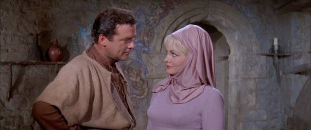 Romance between Robin (Richard Greene) and Marian (Sarah Branch) begins with distrust in Terence Fisher's Sword of Sherwood Forest (1960)