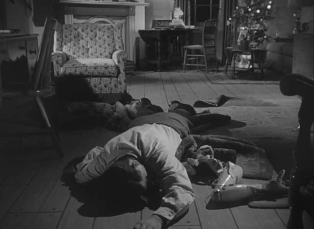 Mike Hammer's wartime buddy Jack Williams (Robert Swanger) is murdered after a Christmas party in Harry Essex's I, the Jury (1953)