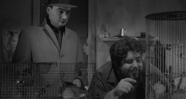 Frank Bono (Allen Baron) shows his distaste for gun dealer Big Ralph (Larry Tucker) and his rats in Allen Baron's Blast of Silence (1961)