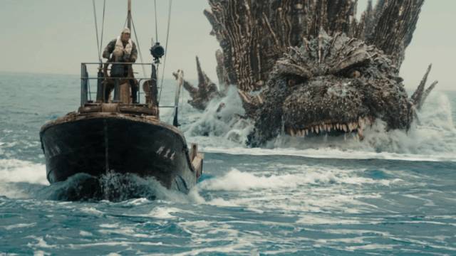 A small boat lures the monster into a trap in Takashi Yamazaki’s Godzilla Minus One (2023)
