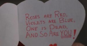 Blunt rhymes and excised hearts are sent to warn prospective victims in George Mihalka's My Bloody Valentine (1981)