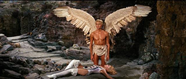 Barbarella (Jane Fonda) gets some help from blind angel Pygar (John Phillip Law) in Roger Vadim's Barbarella (1968)