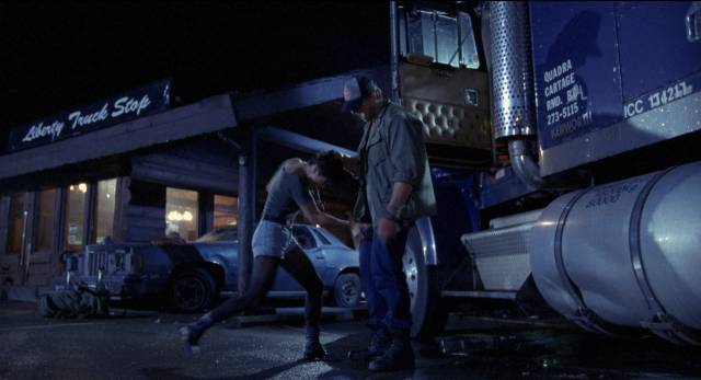 Erica (Jade Leung) attacks an obnoxious trucker in Stephen Shin's Black Cat (1991)