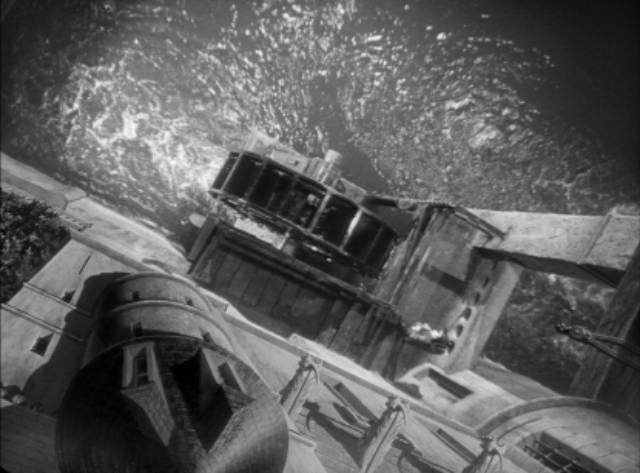 The water wheel powers Sire Alain De Maletroit (Charles Laughton)'s torture dungeon in Joseph Pevney's The Strange Door (1951)
