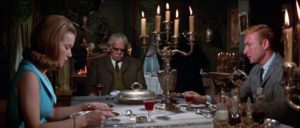 Stephen Reinhard (Nick Adams) has an awkward dinner with Nahum Witley (Boris Karloff) and his daughter Susan (Suzan Farmer) in Daniel Haller's Die, Monster, Die! (1965)