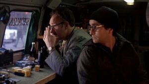 Harry Caul (Gene Hackman) and his assistant Stan (John Cazale) monitor the surveillance from a nearby van in Francis Ford Coppola’s The Conversation (1974)