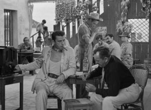 Mario (Yves Montand) switches allegiance from the ex-pat group to the newcomer M. Jo (Charles Vanel) in Henri-Georges Clouzot’s The Wages of Fear (1953)