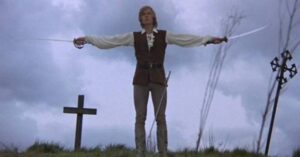 Kronos (Horst Janson) attempts to discourage an attack from angry villagers in Brian Clemens' Captain Kronos: Vampire Hunter (1974)