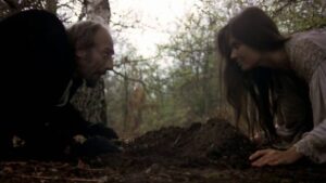 Professor Grost (John Cater) shows Carla (Caroline Munro) how to lay traps for vampires in Brian Clemens’ Captain Kronos: Vampire Hunter (1974)