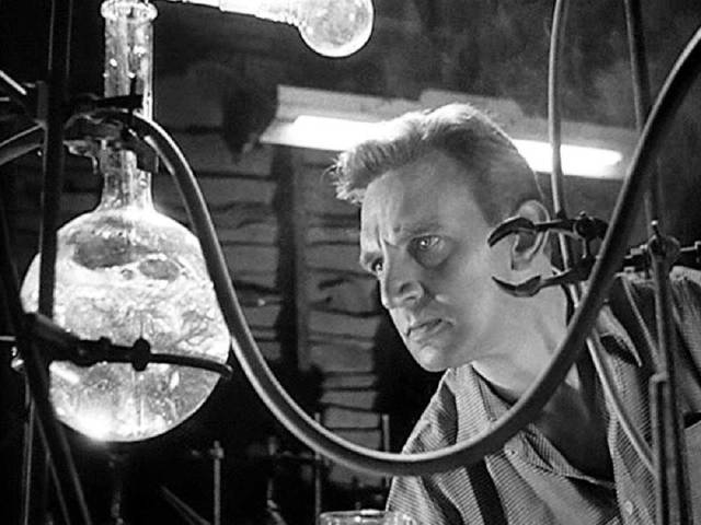 Bill (Stephen Murray) is so tightly focused on his research that he becomes blind to consequences in Terence Fisher's Four Sided Triangle (1953)
