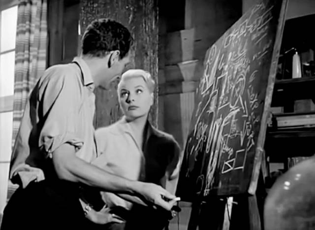 Bill (Stephen Murray) and Robin (John Van Eyssen)'s research is way beyond Lena (Barbara Payton)'s understanding in Terence Fisher's Four Sided Triangle (1953)
