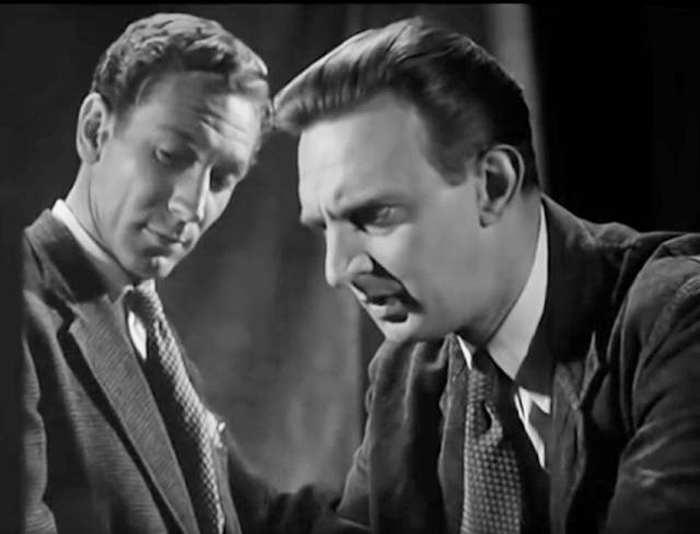 Bill (Stephen Murray) is unaware that Robin (John Van Eyssen) is his romantic rival in Terence Fisher's Four Sided Triangle (1953)