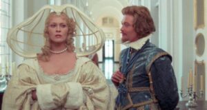 The Duke of Buckingham (Simon Ward) discovers that Milady De Winter (Faye Dunaway) is Richlieu's spy in Richard Lester's The Four Musketeers (1974)