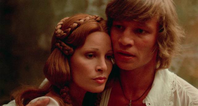 D'Artagnan (Michael York) is romantically smitten with the innkeeper's wife Constance (Raquel Welch) in Richard Lester's The Three Musketeers (1973)
