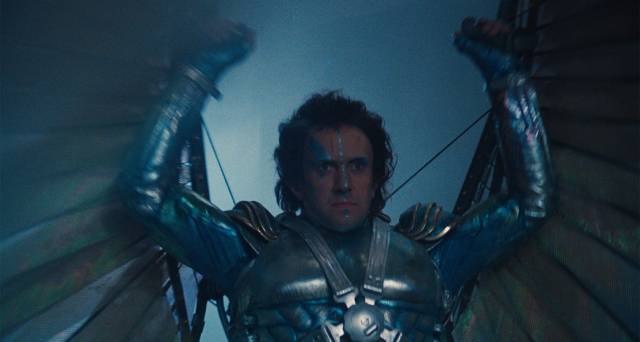 Office drone Sam Lowry (Jonathan Pryce) has heroic fantasies in Terry Gilliam's Brazil (1985)