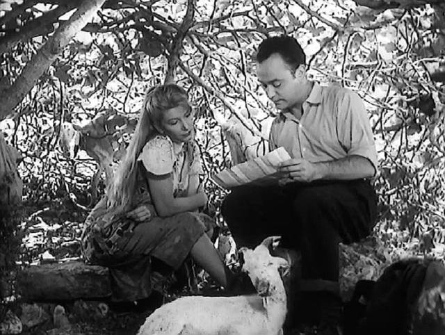 The teacher (Raymond Pellegrin) delves into Manon (Jacqueline Pagnol)'s origins in Marcel Pagnol's Manon des Sources (1952)